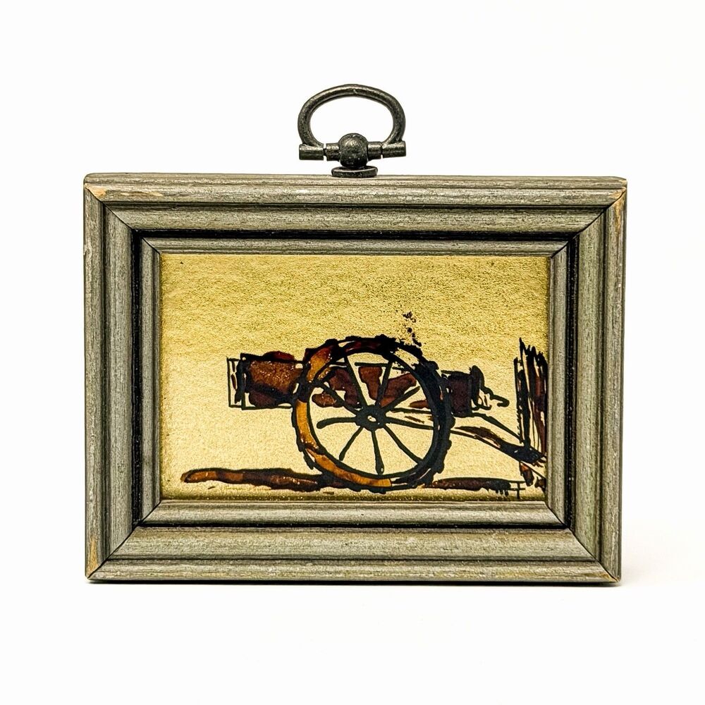 Vintage Miniature Gold Leaf Etching Cannon Framed Charleston SC Folk Art 3.75”